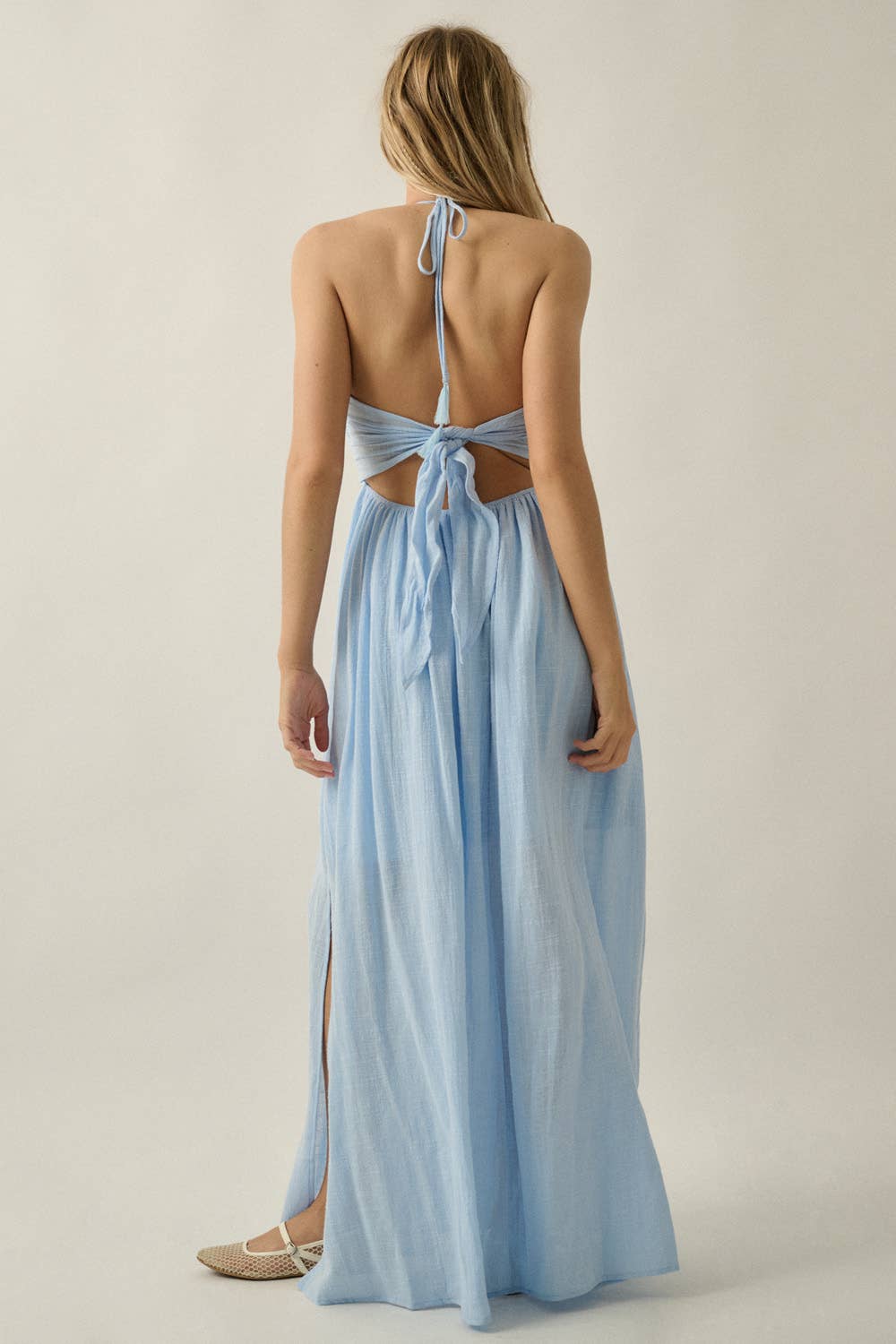 Women’s Tie-Back Halter Pocket Maxi Dress - Chambray