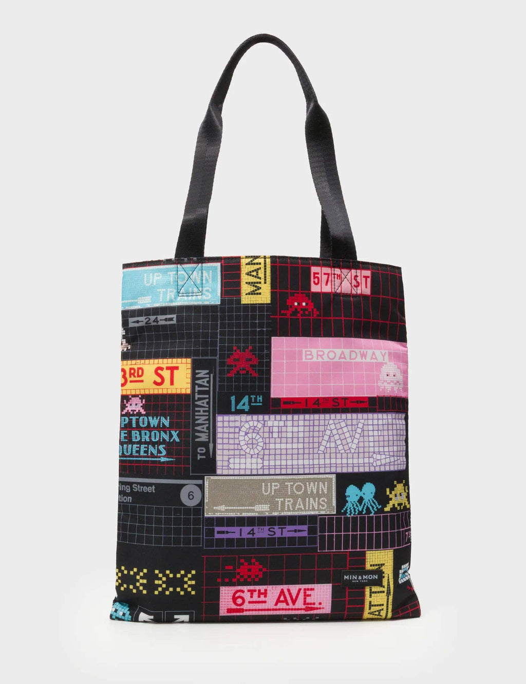 Min & Mon - The Everyday Tote Bag - Black Cyclepet Fabric Subway Stories Print
