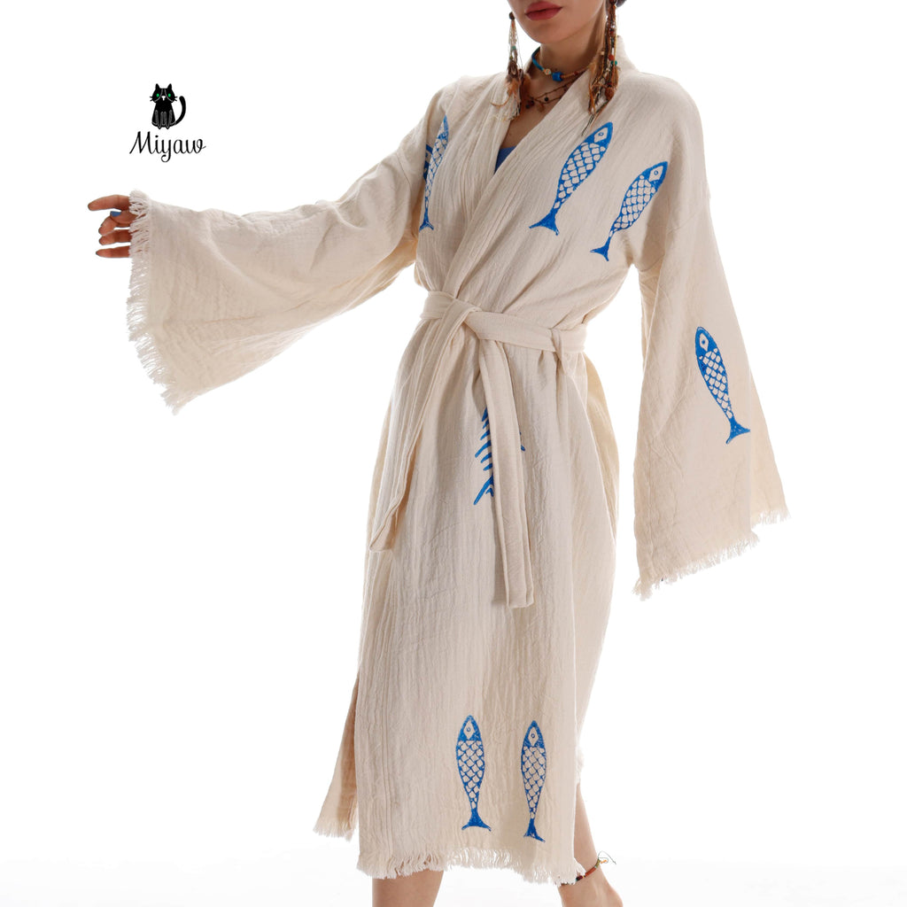 Handmade Organic Cotton Kimono Robe - Blue Fish