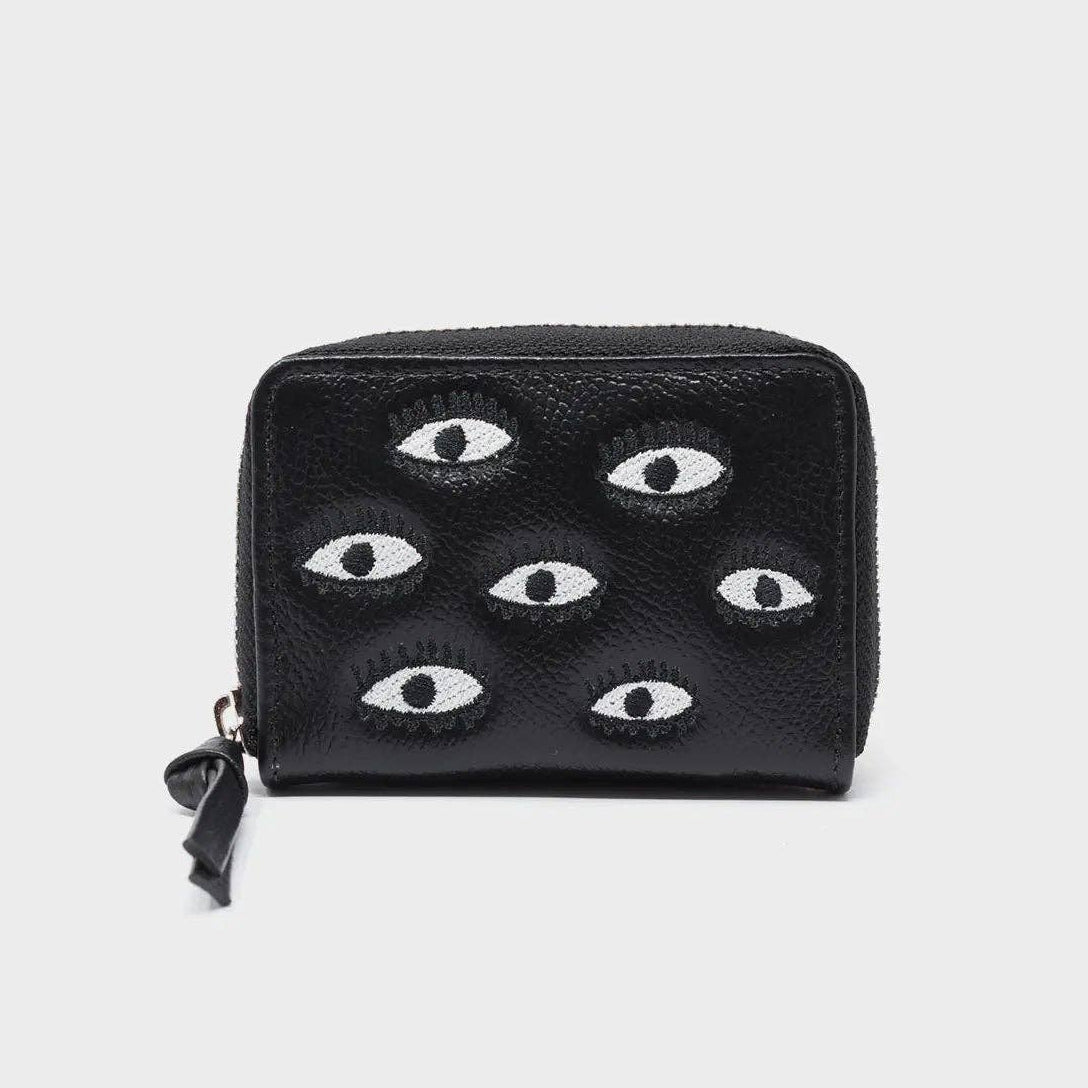 Min & Mon - Frodo Black Leather Zip Around Wallet - Eyes Embroidery