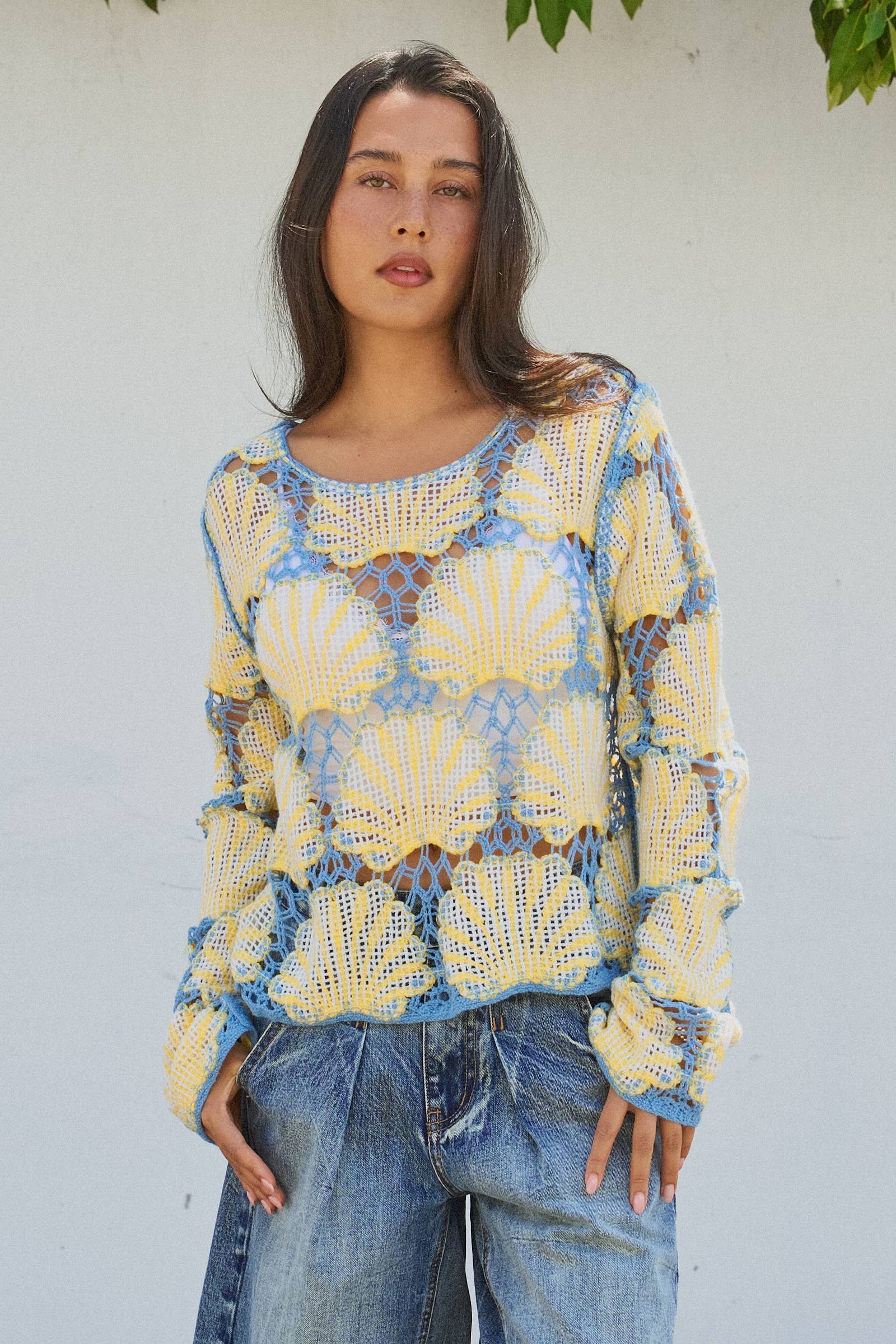 Women's Crochet Lace Seashell Scalloped Knit Top