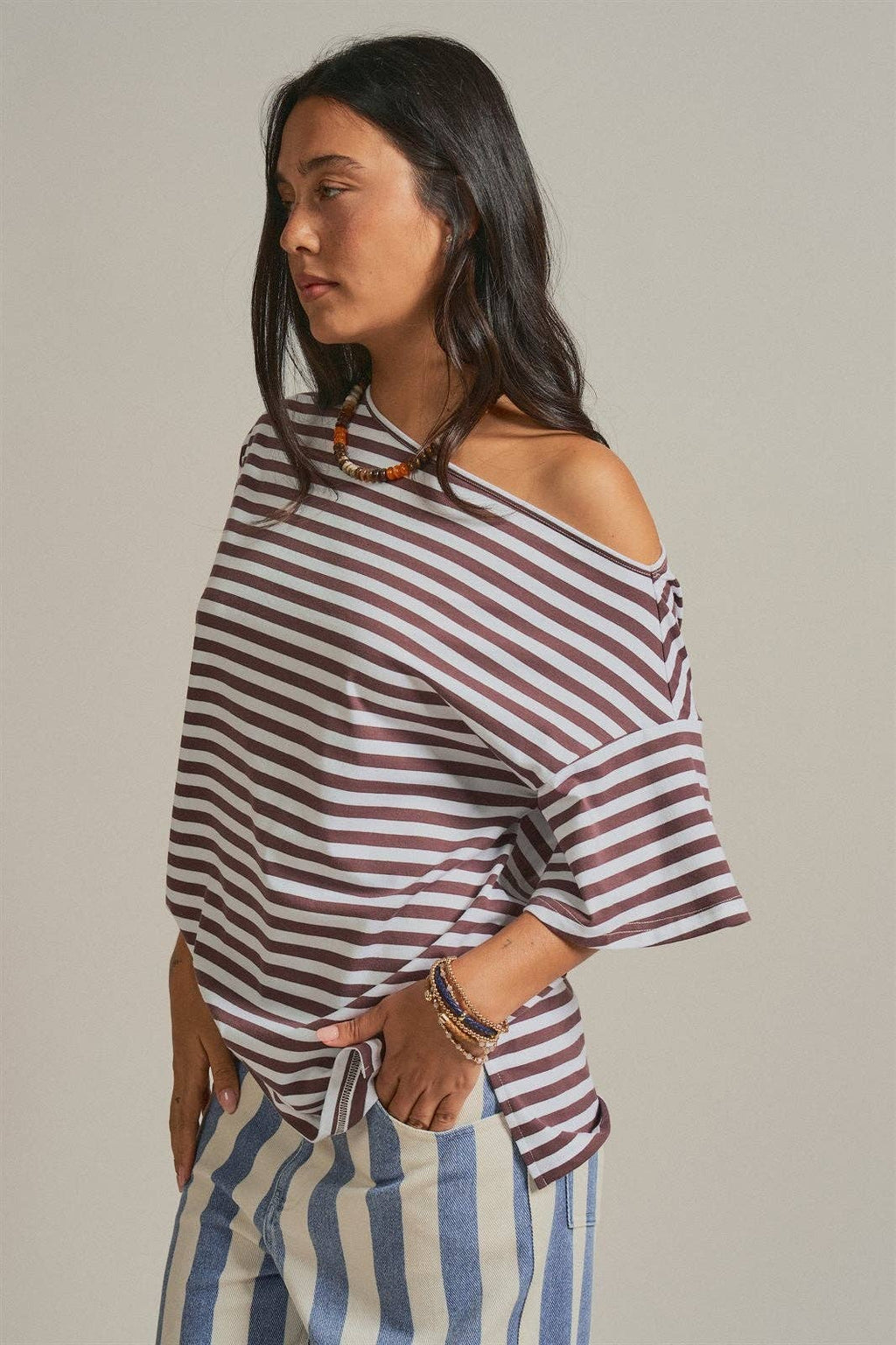 Women's Off-Shoulder Boxy Tee - Brown Stripe