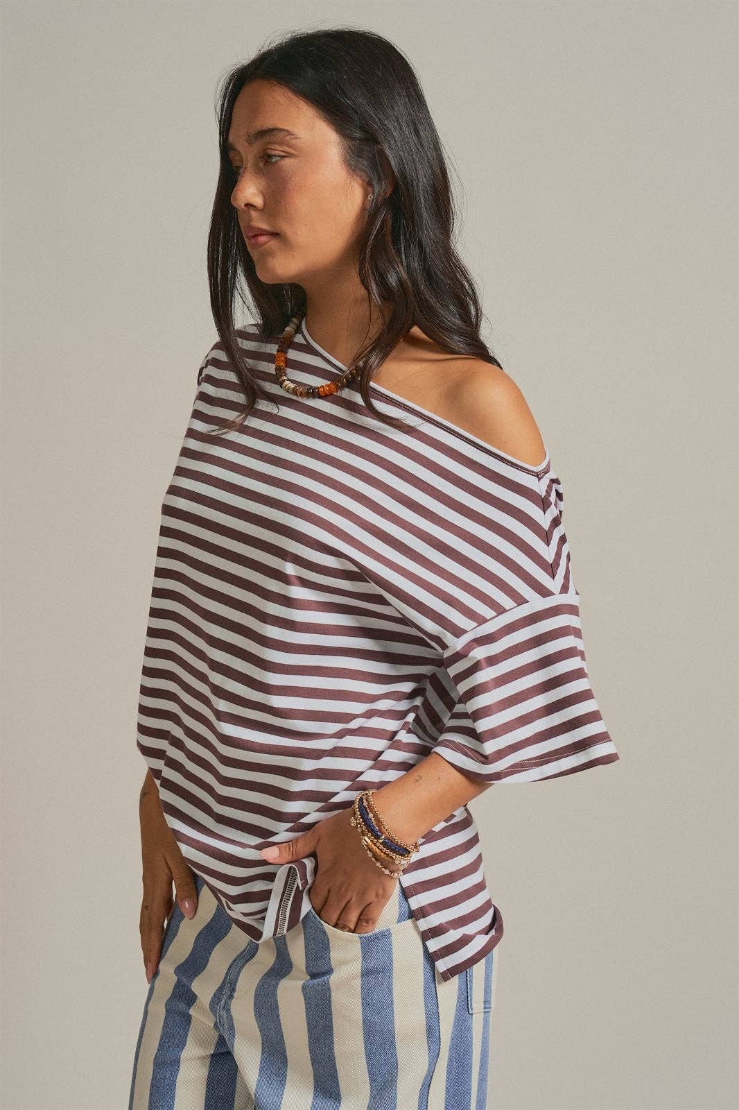 Women's Off-Shoulder Boxy Tee - Brown Stripe