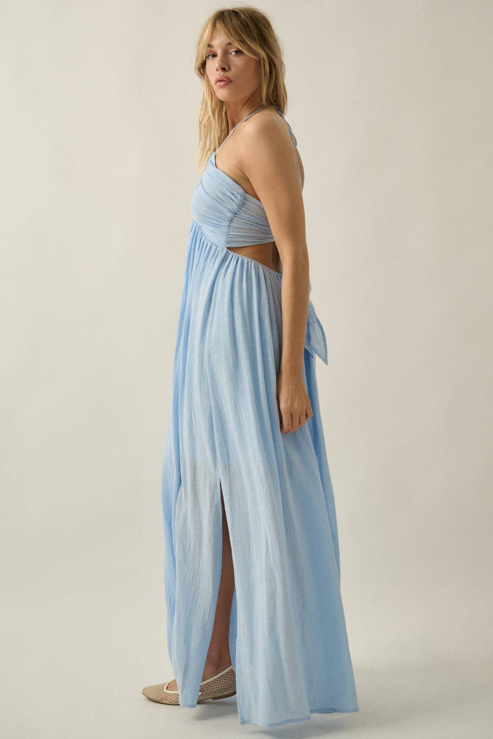 Women’s Tie-Back Halter Pocket Maxi Dress - Chambray