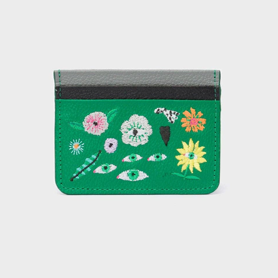Min & Mon - Filium Irish Green Leather Cardholder - Floralia Embroidery