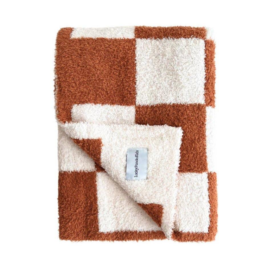 Lucky Panda Kids Baby Blanket - Checkered Plush Copper