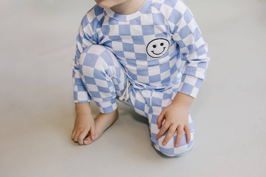 Lucky Panda Kids Lounge Set - Blue Checkered Smiley