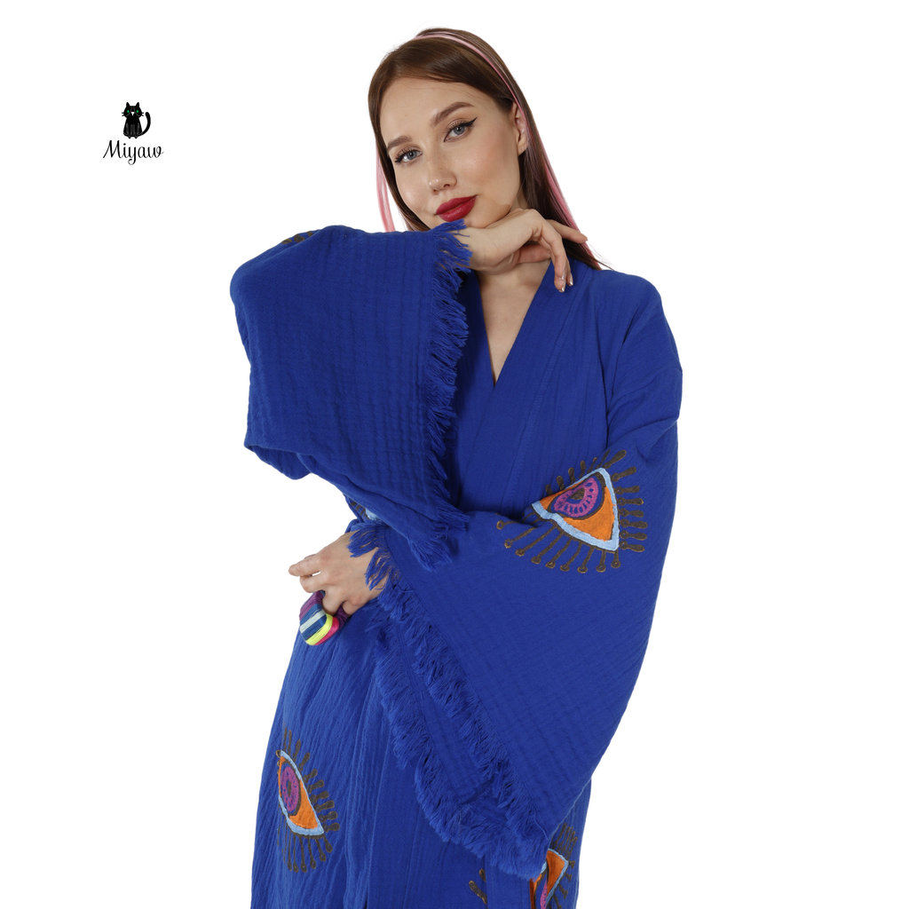 Handmade Organic Cotton Kimono Robe - Blue Protective Eye