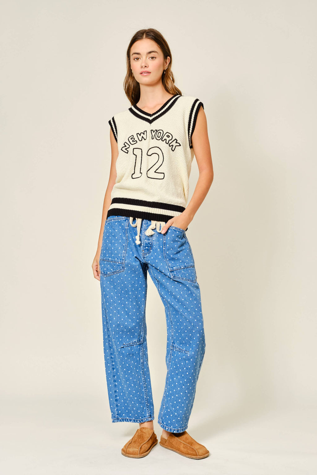 Women's Polka Dot Denim Barrel Pants