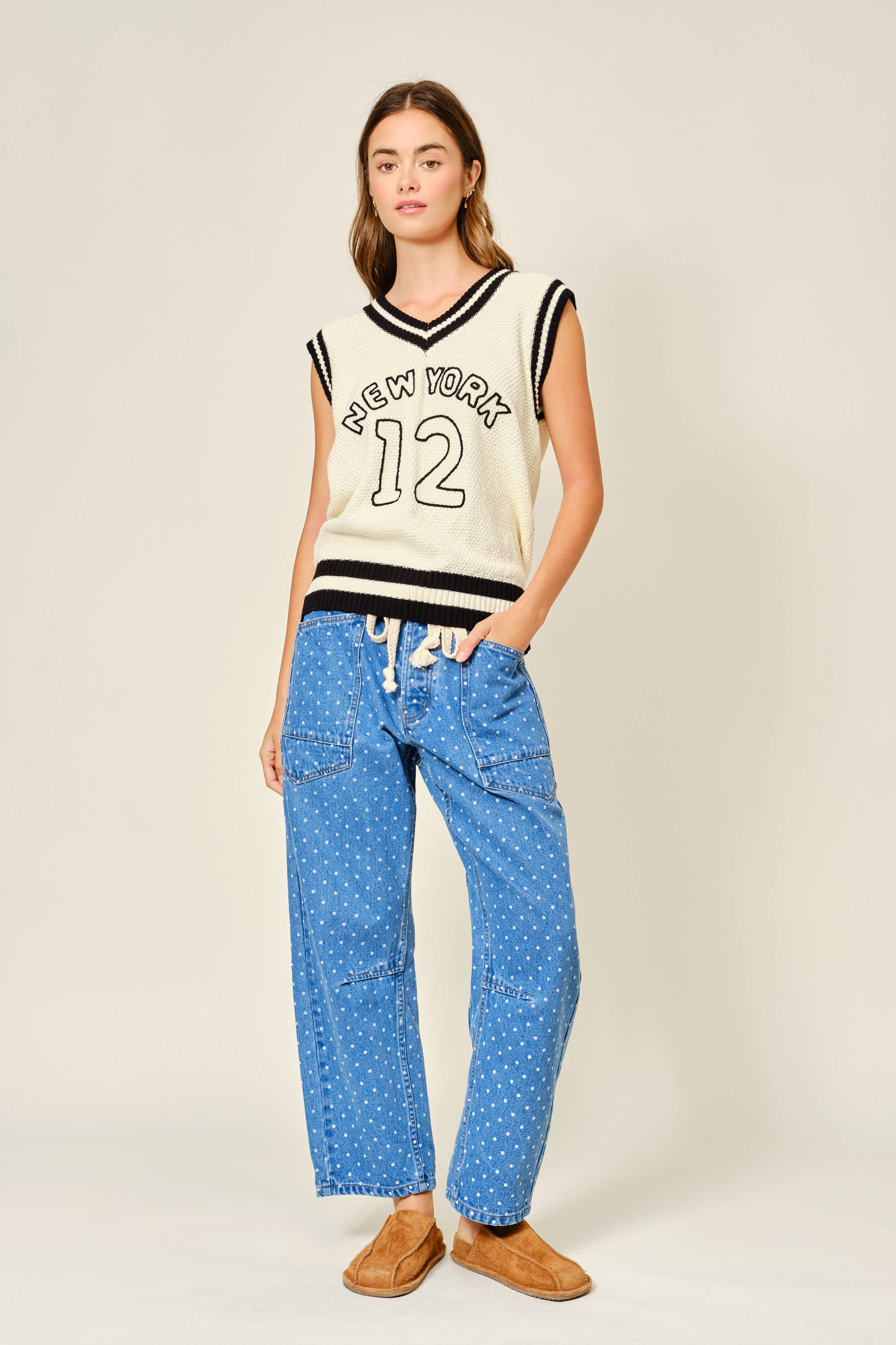 Women's Polka Dot Denim Barrel Pants