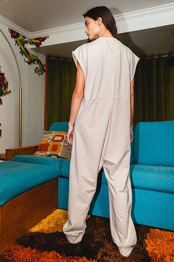 Women's Sleeveless Button Up French Terry Jumpsuit - Taupe