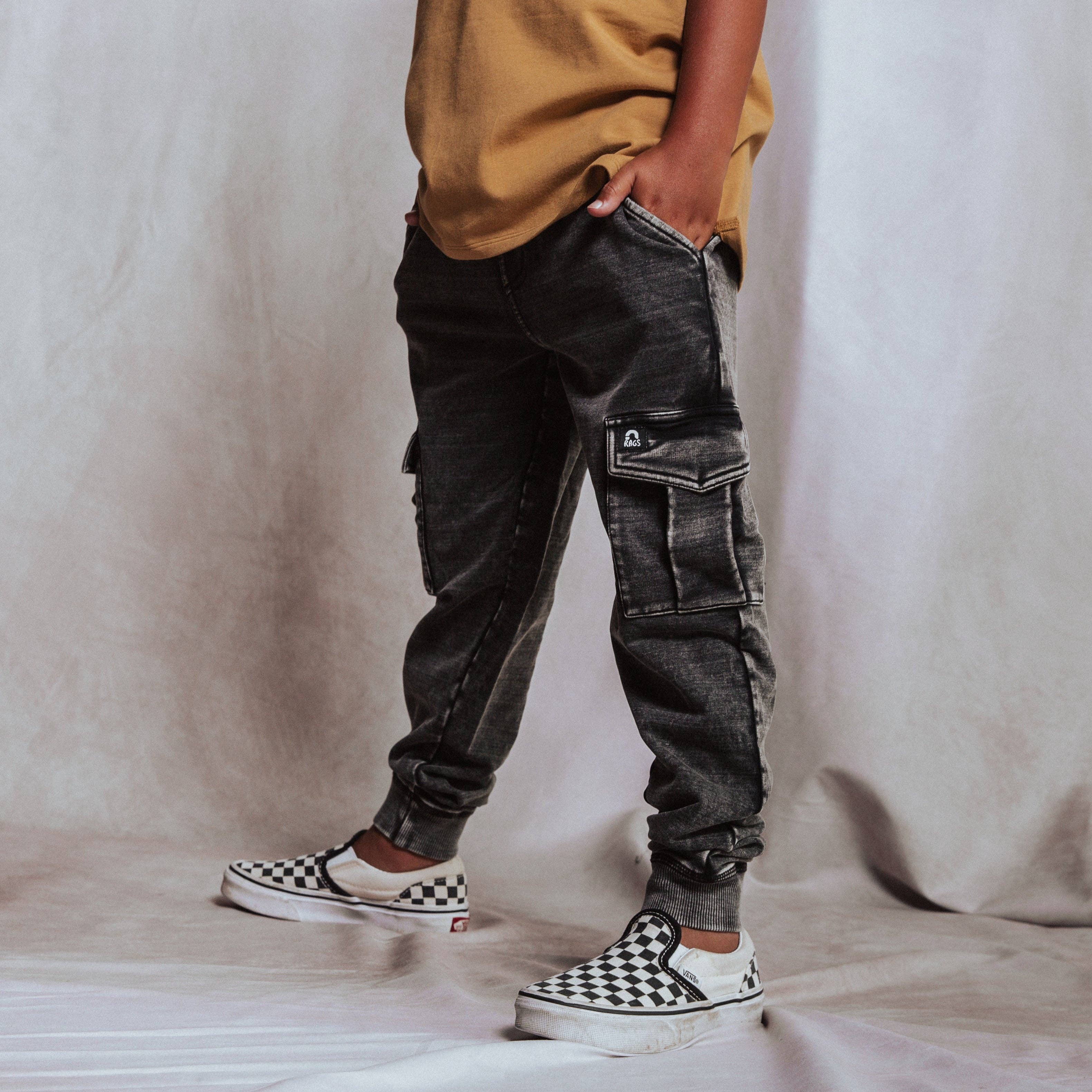RAGS - Relaxed Fit Cargo Joggers - Washed Black Denim