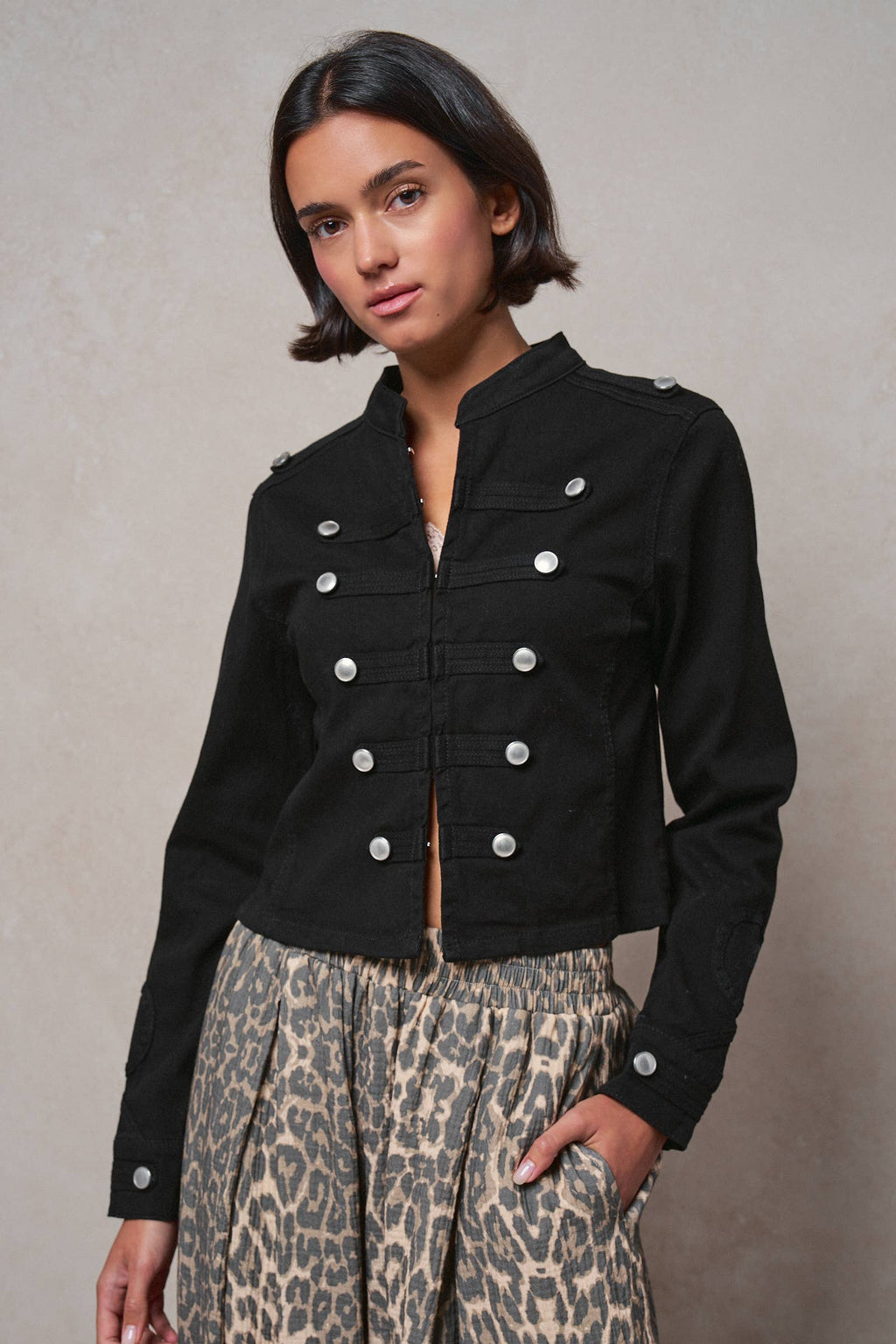 Women's Military Double-Button Stretch Cotton Jacket - Black