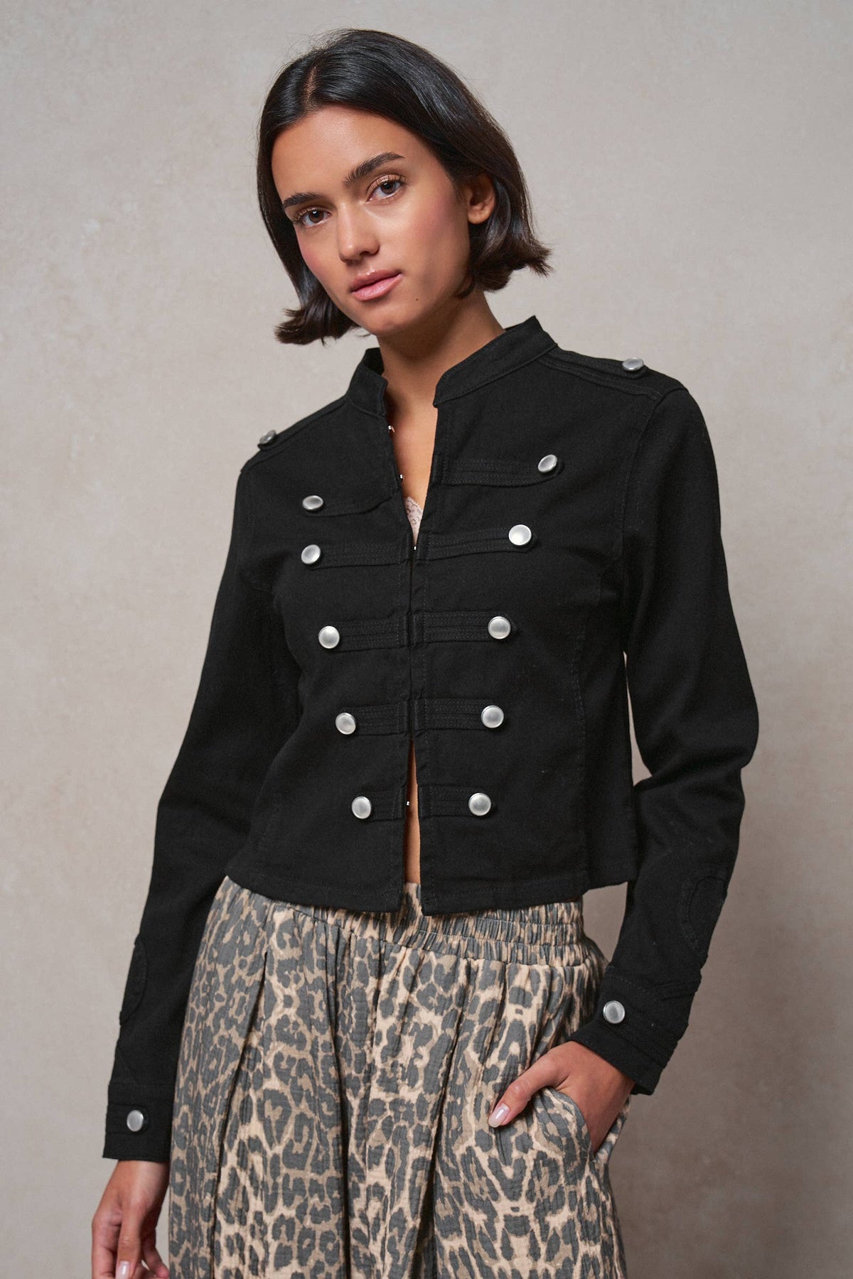 Women's Military Double-Button Stretch Cotton Jacket - Black