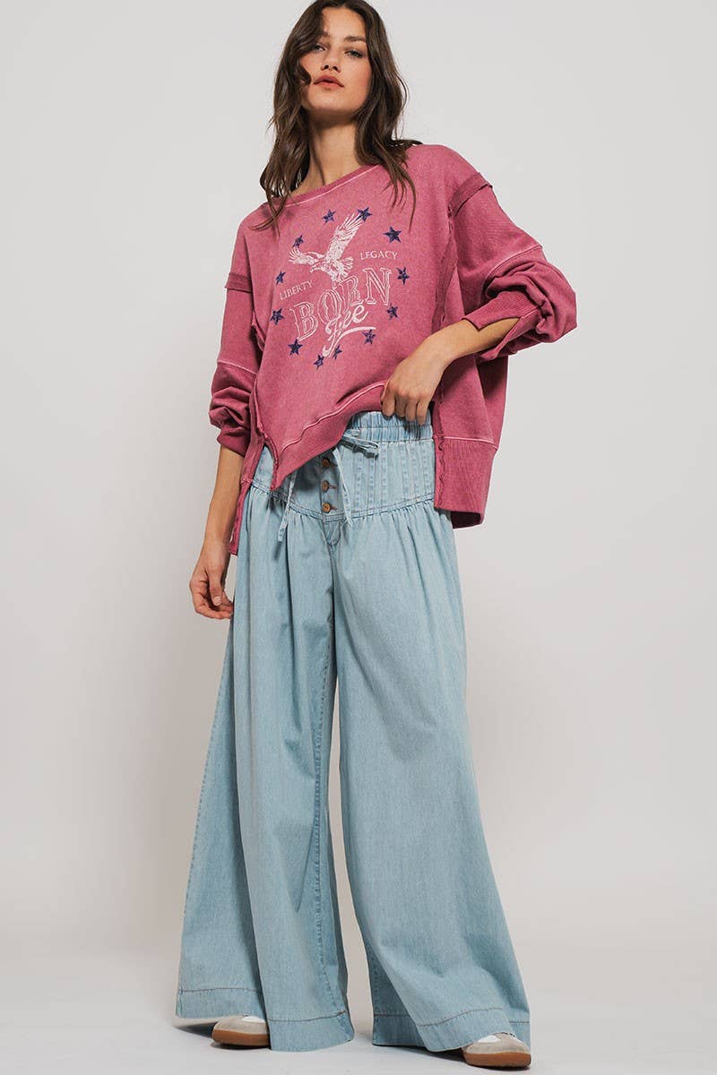 Women's Pleated Wide-Leg Button Closure Pants - Light Denim
