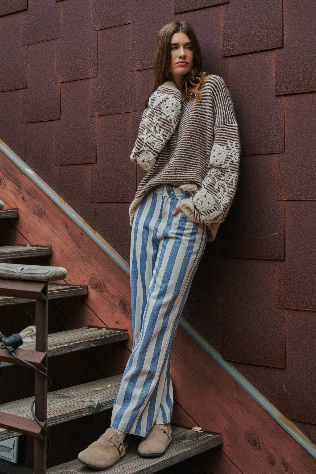 Women's Floral Embroidered Striped Knit Sweater - Brown