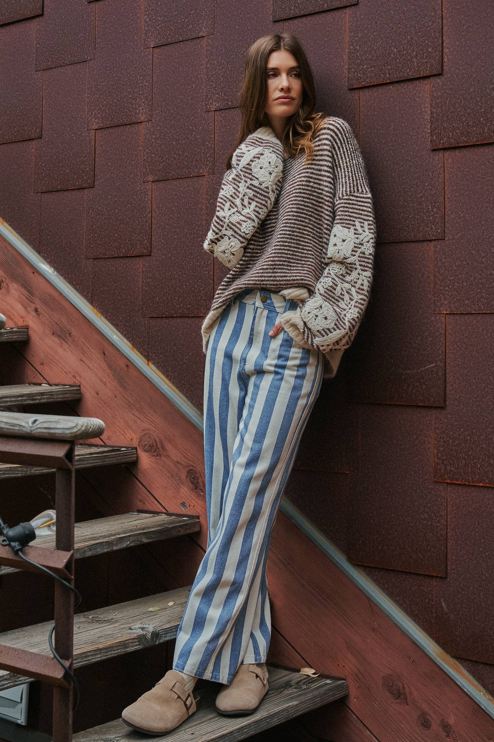 Women's Floral Embroidered Striped Knit Sweater - Brown