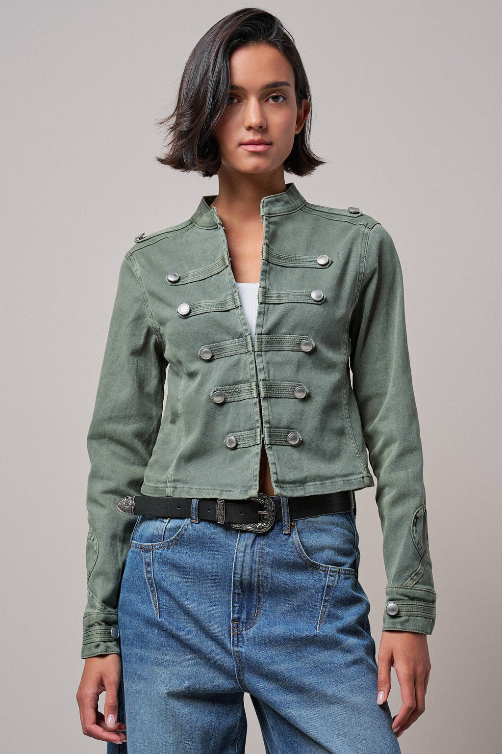 Women's Military Double-Button Stretch Cotton Jacket - Olive