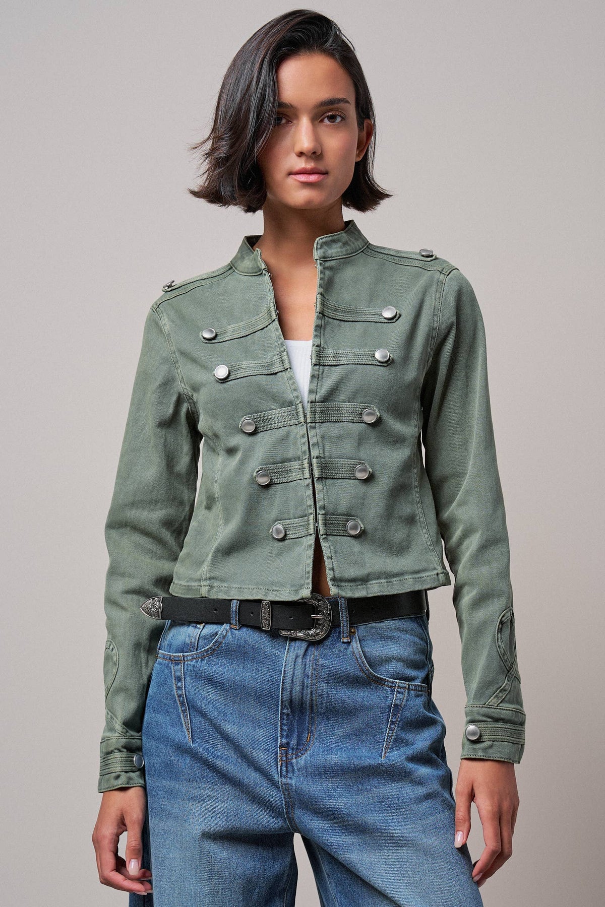 Women's Military Double-Button Stretch Cotton Jacket - Olive