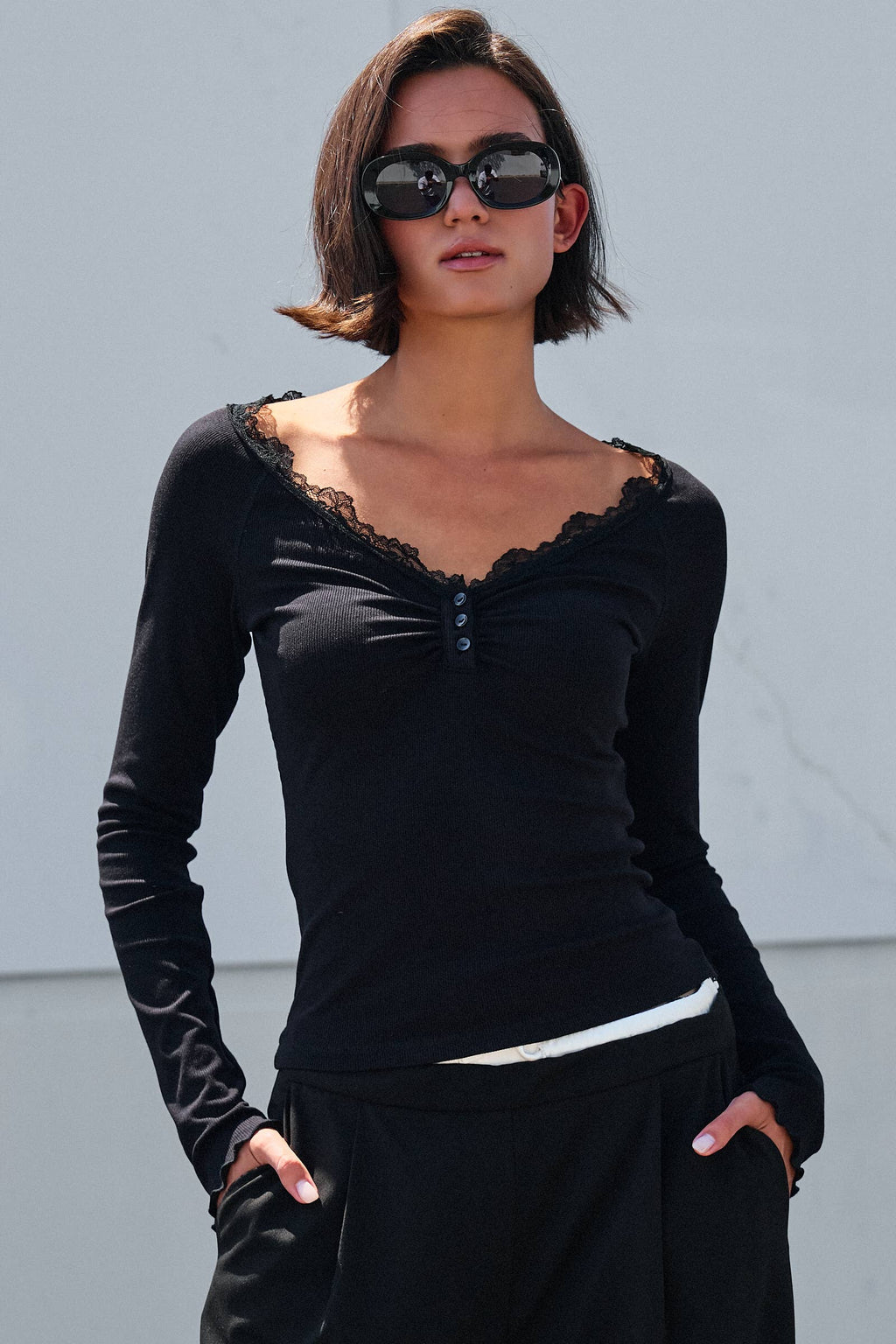 Women's Lace Trim Ribbed Knit Henley Top - Black