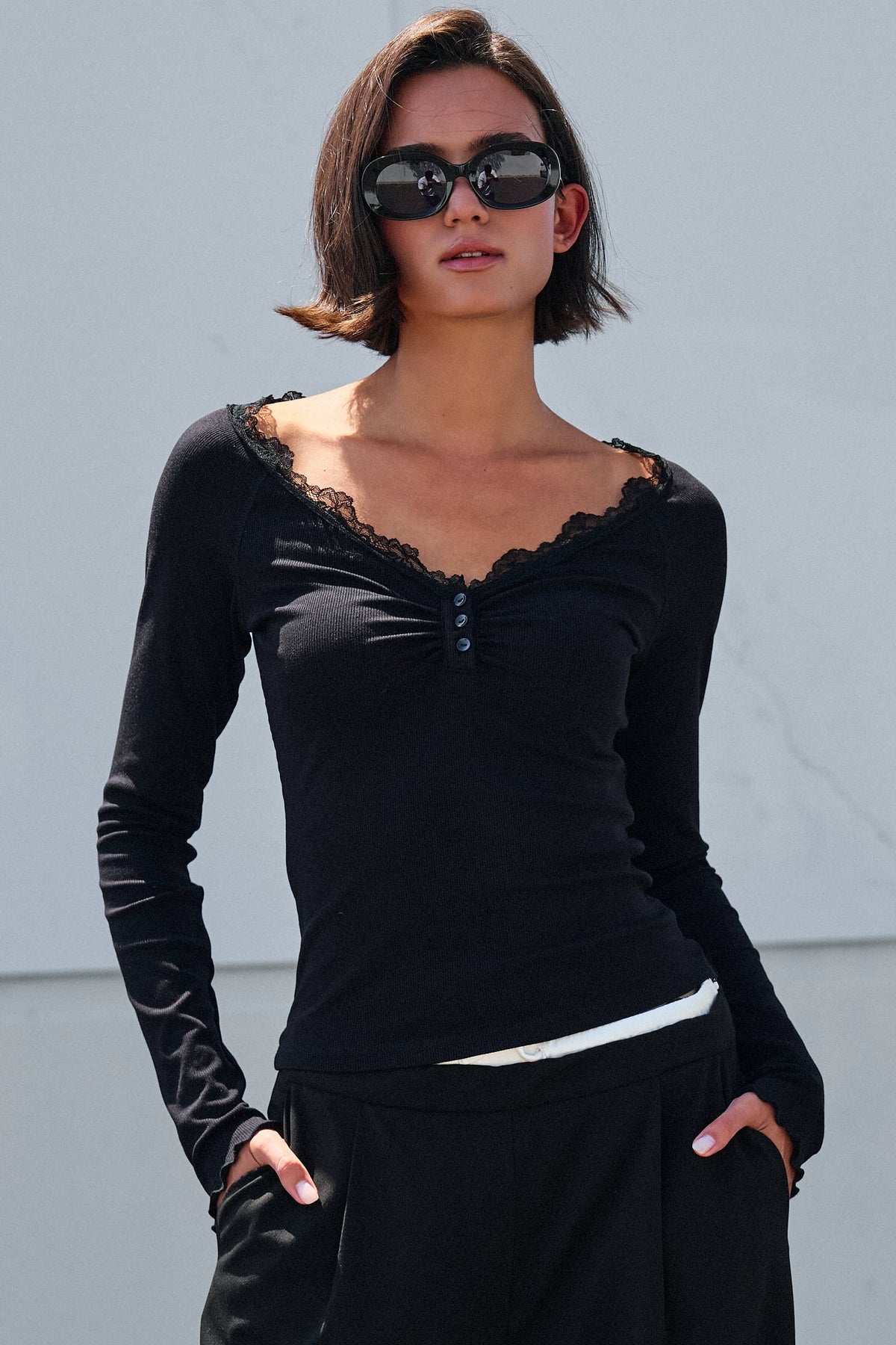 Women's Lace Trim Ribbed Knit Henley Top - Black
