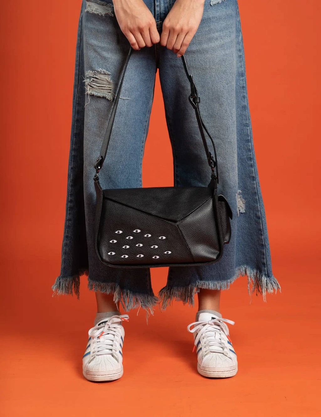 Min & Mon - Houston Black Leather Shoulder Bag - Eyes Embroidery
