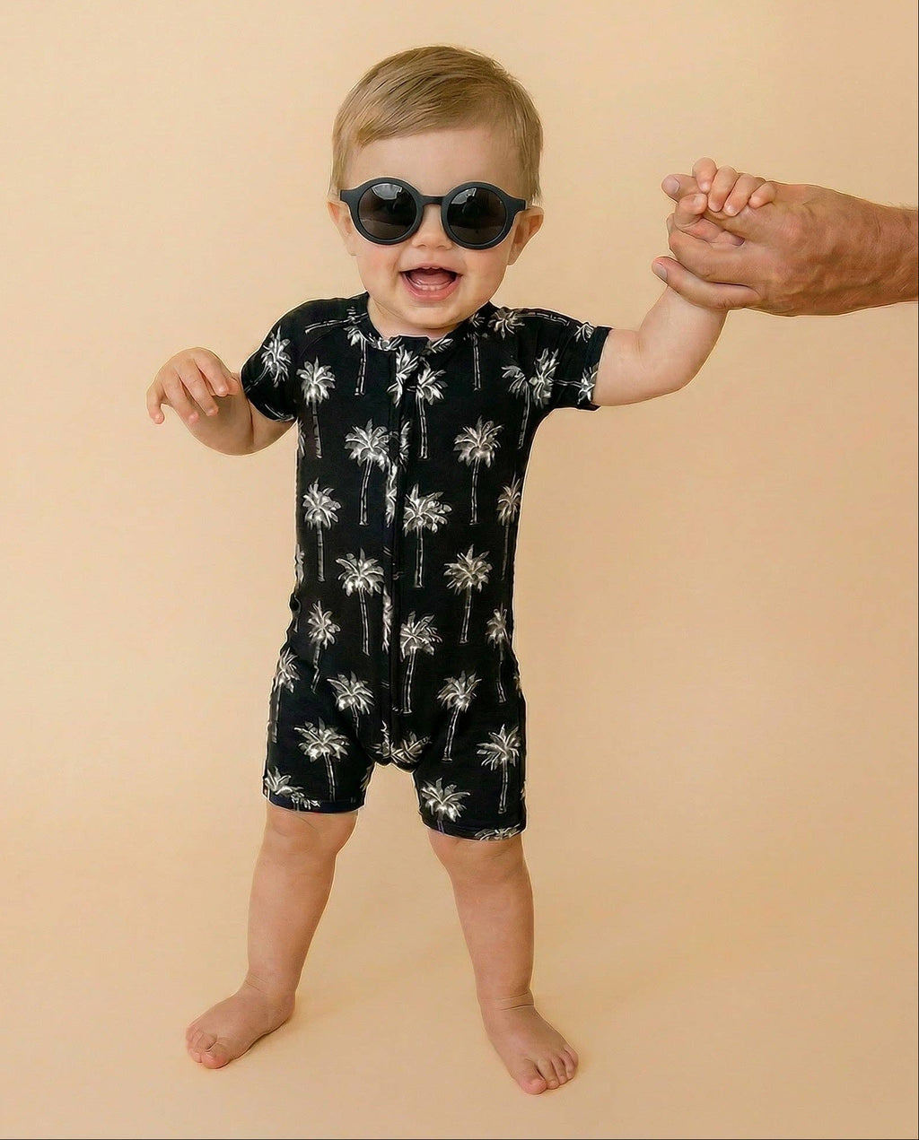 Lucky Panda Kids - Bamboo Shorty Romper - Palm Style Black