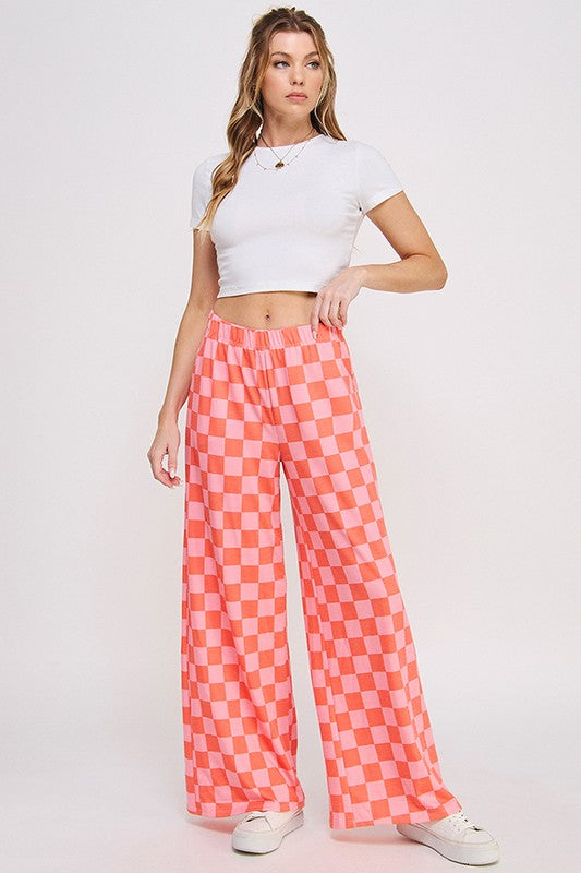 Jade by Jane - High Waist Checkered Straight Leg Knit Pants (Red/Pink)
