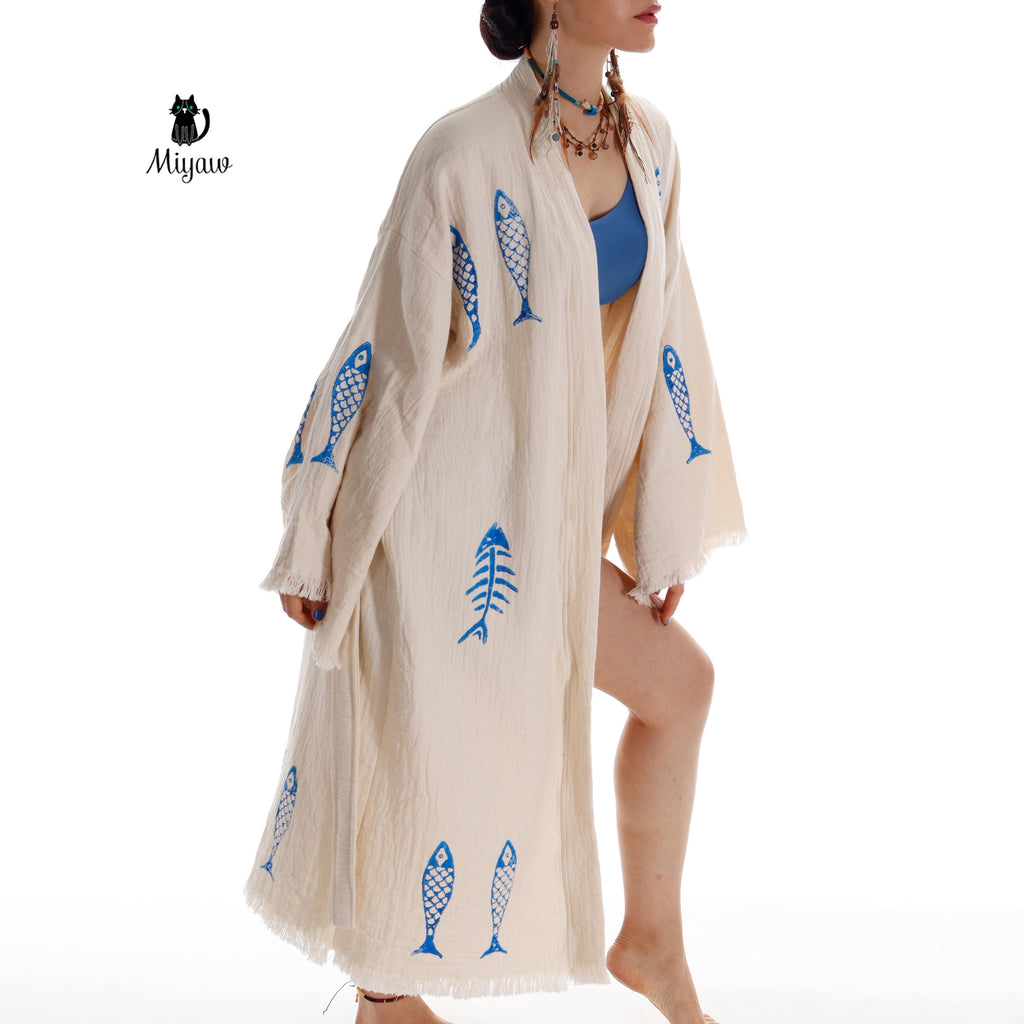 Handmade Organic Cotton Kimono Robe - Blue Fish