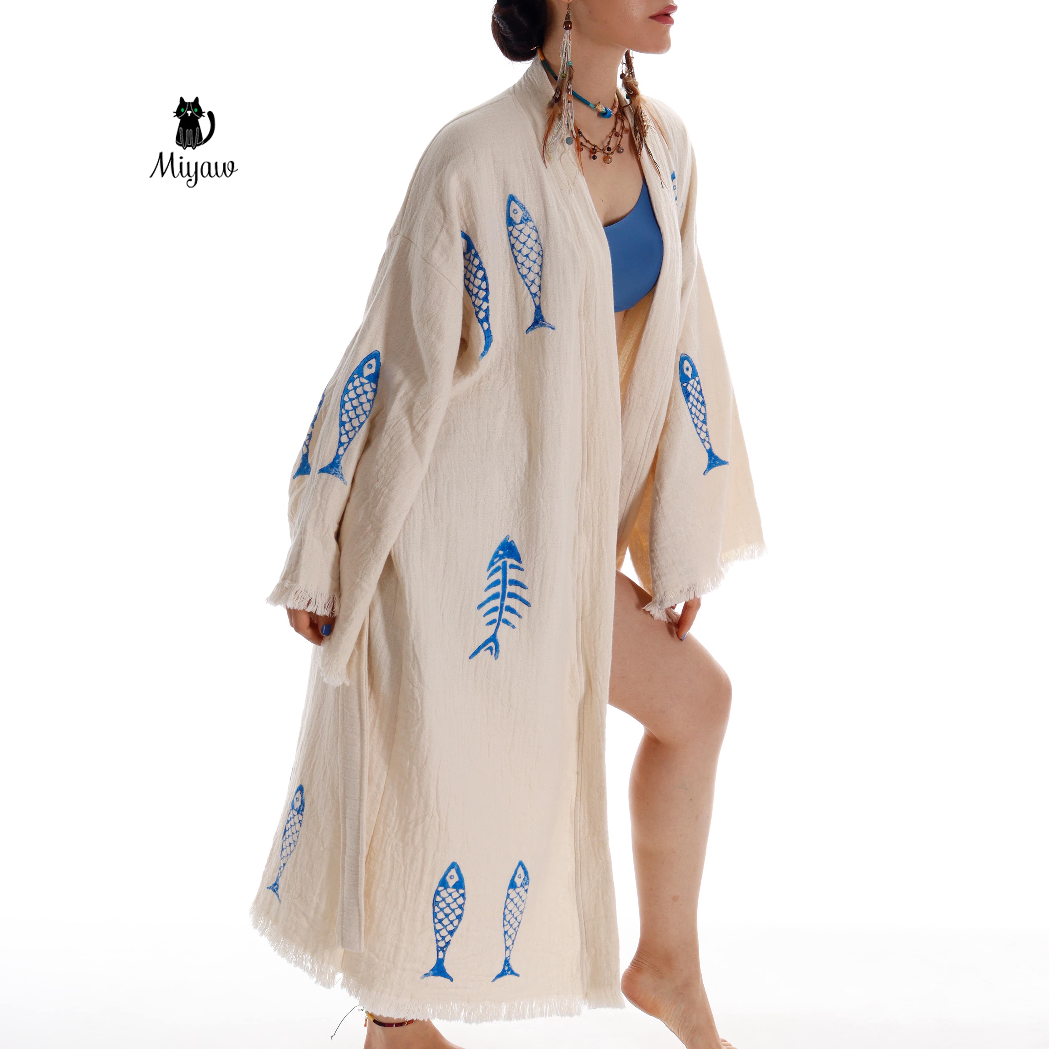 Handmade Organic Cotton Kimono Robe - Blue Fish