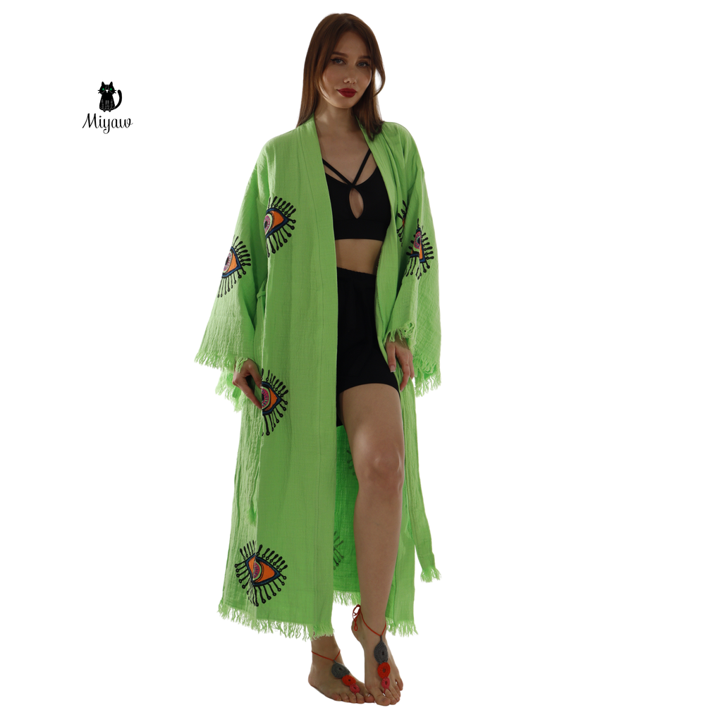 Handmade Organic Cotton Kimono Robe – Green Neon Eye