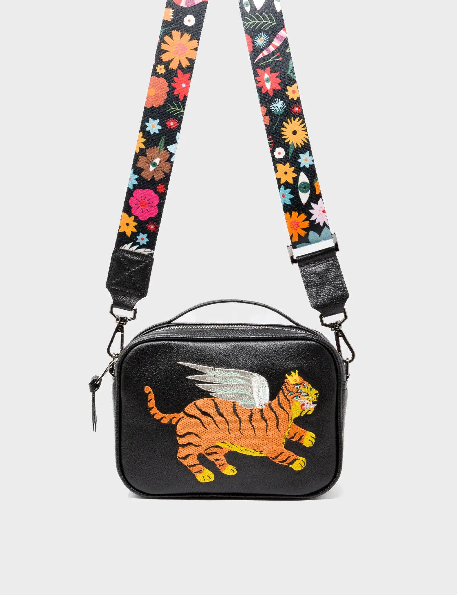 Min & Mon - Verto Black Leather Crossbody Bag - Winged Tiger Embroidery