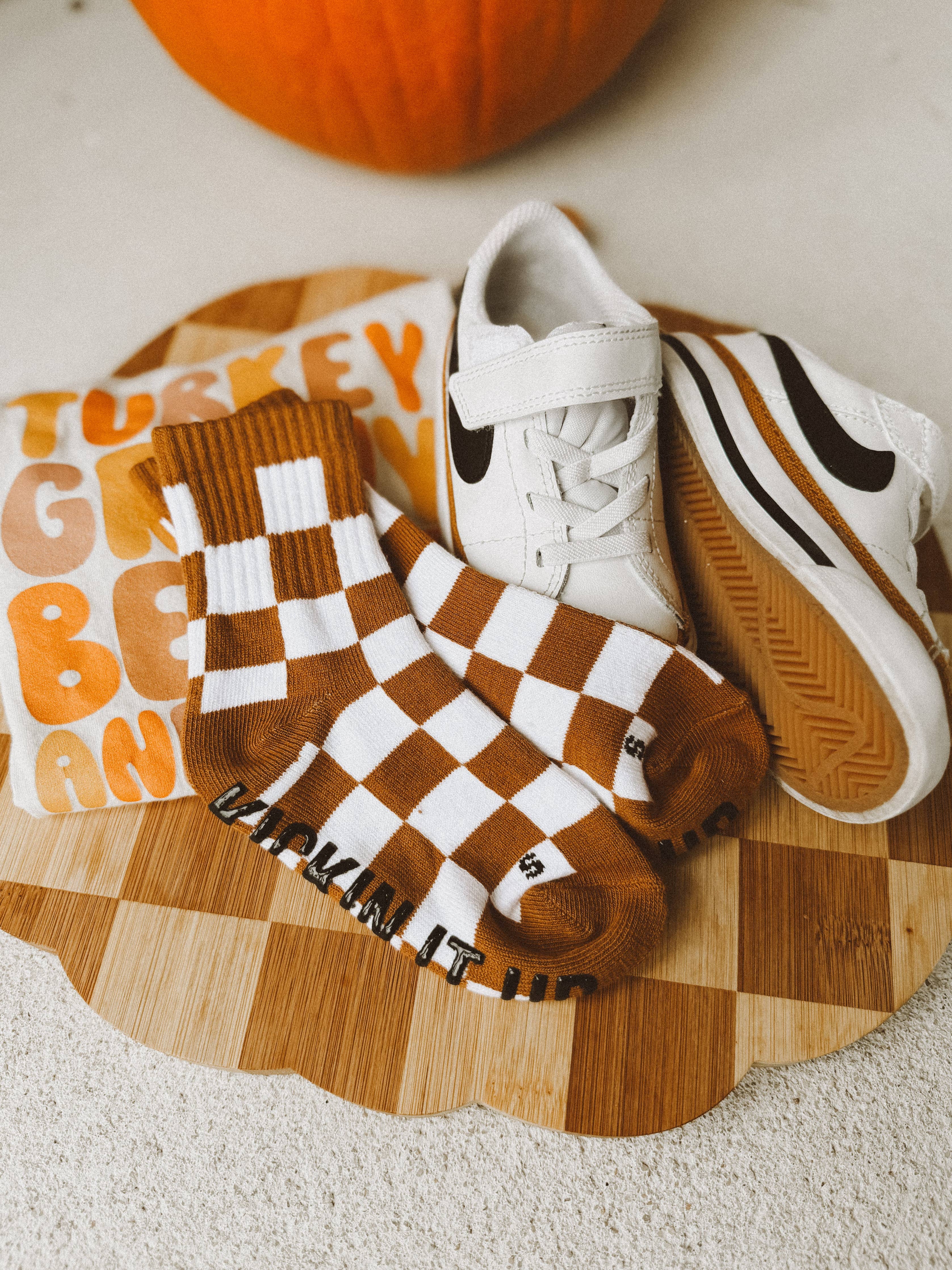 Kickin it up Socks - Camel Checker