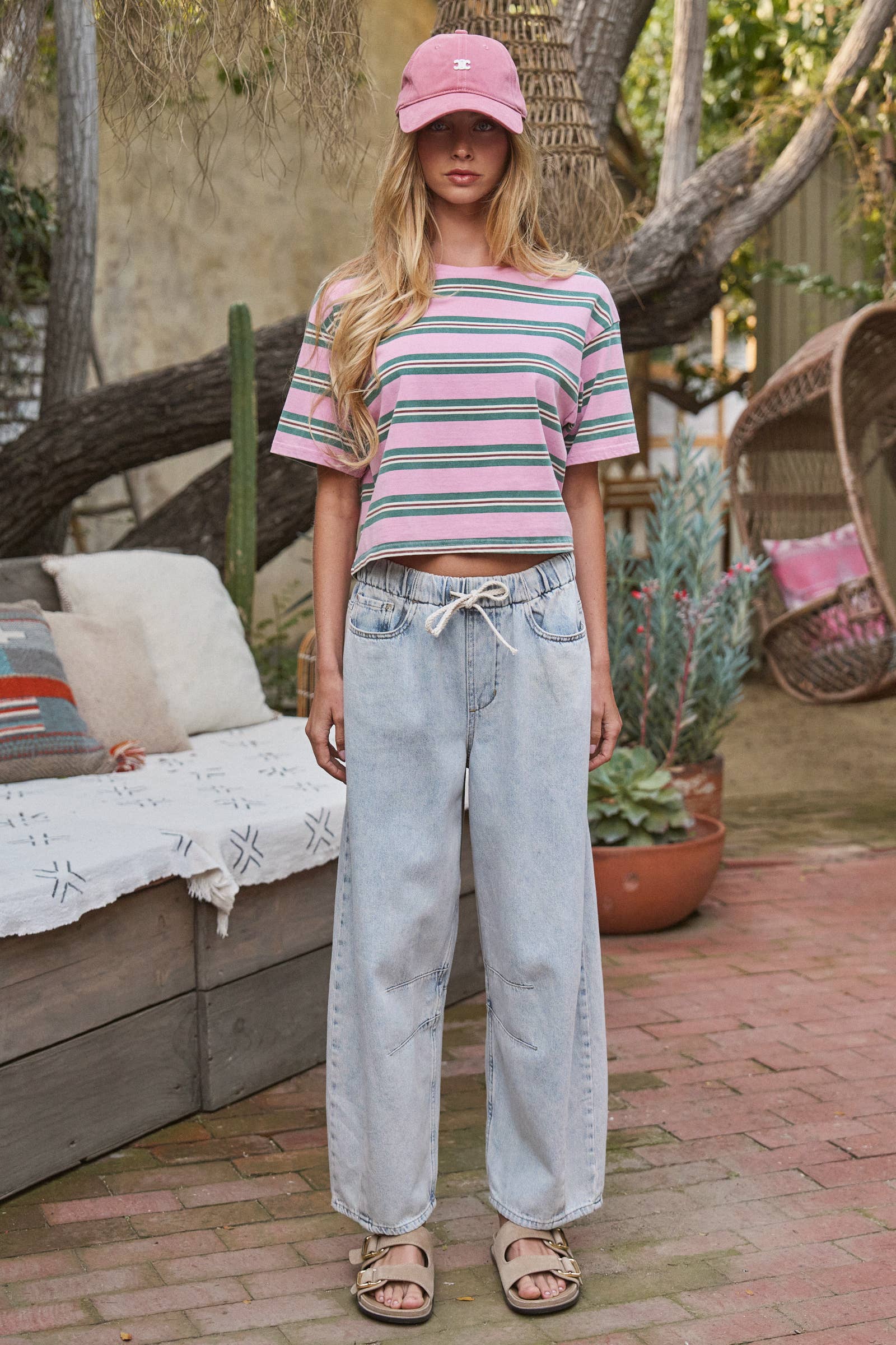 Women's Vintage Washed Striped Cotton Crop Tee - Pink/Green