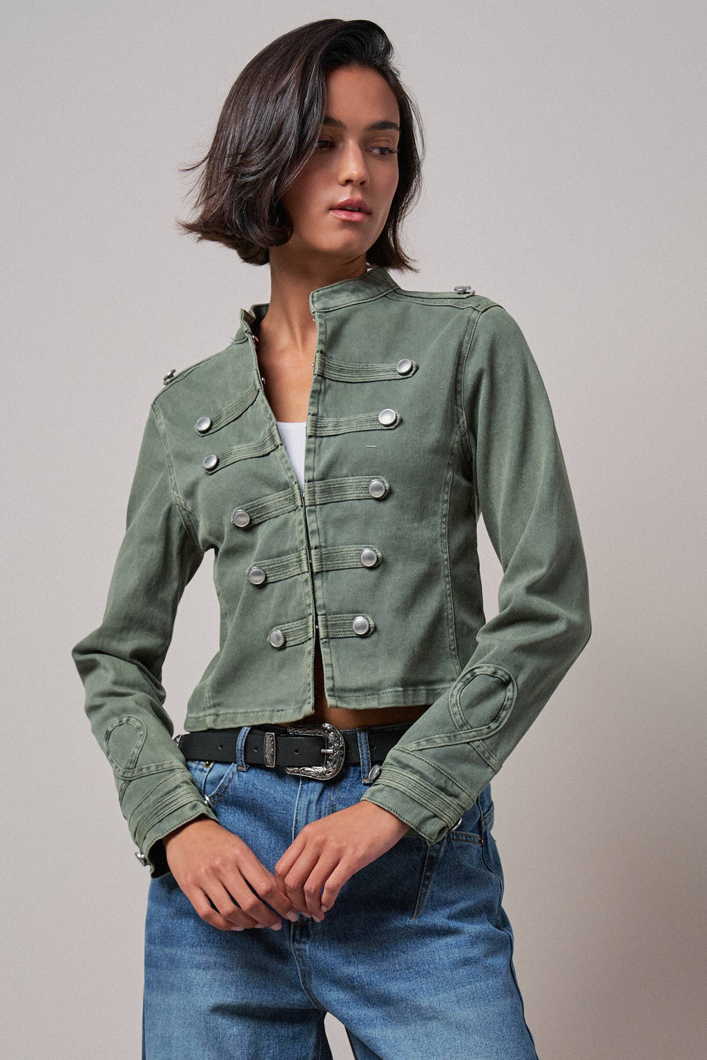 Women's Military Double-Button Stretch Cotton Jacket - Olive