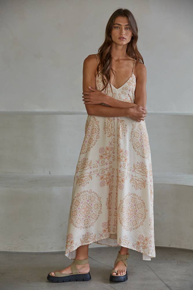 Women's Woven Mandala Floral Print Midi Dress - Cream