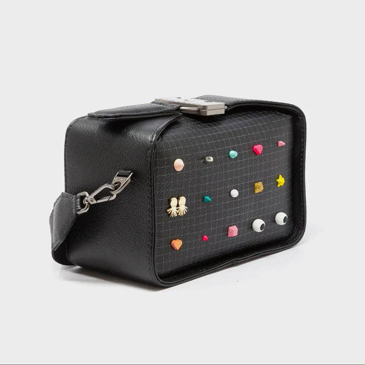 Min & Mon - Benji Micro Crossbody Black Leather Bag - Studs Pattern