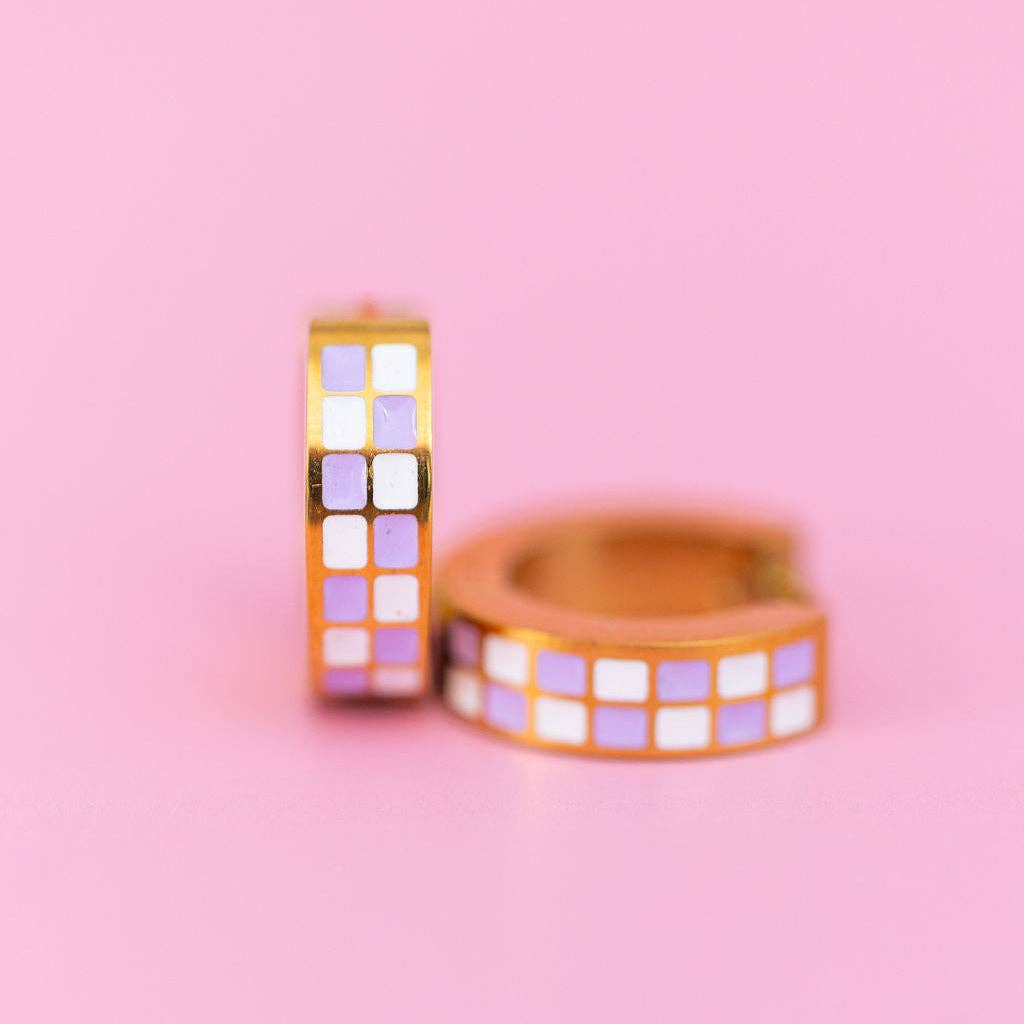 Desert Peach - Lavender Checkered Chunky Huggie Hoops