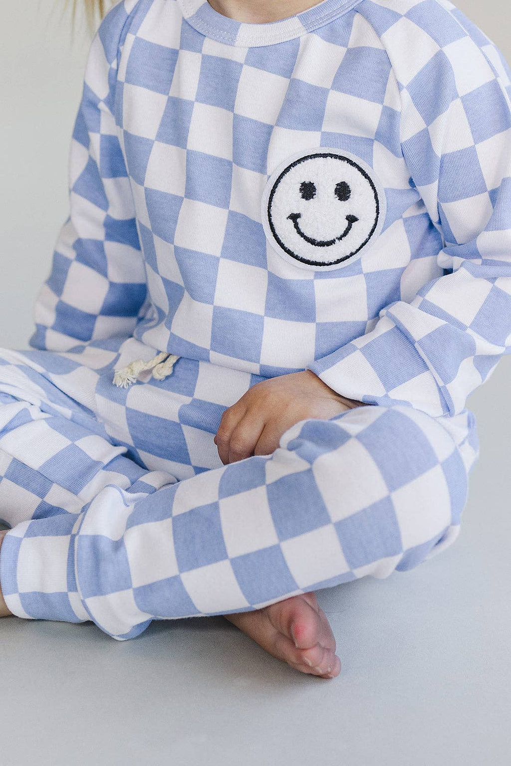 Lucky Panda Kids Lounge Set - Blue Checkered Smiley