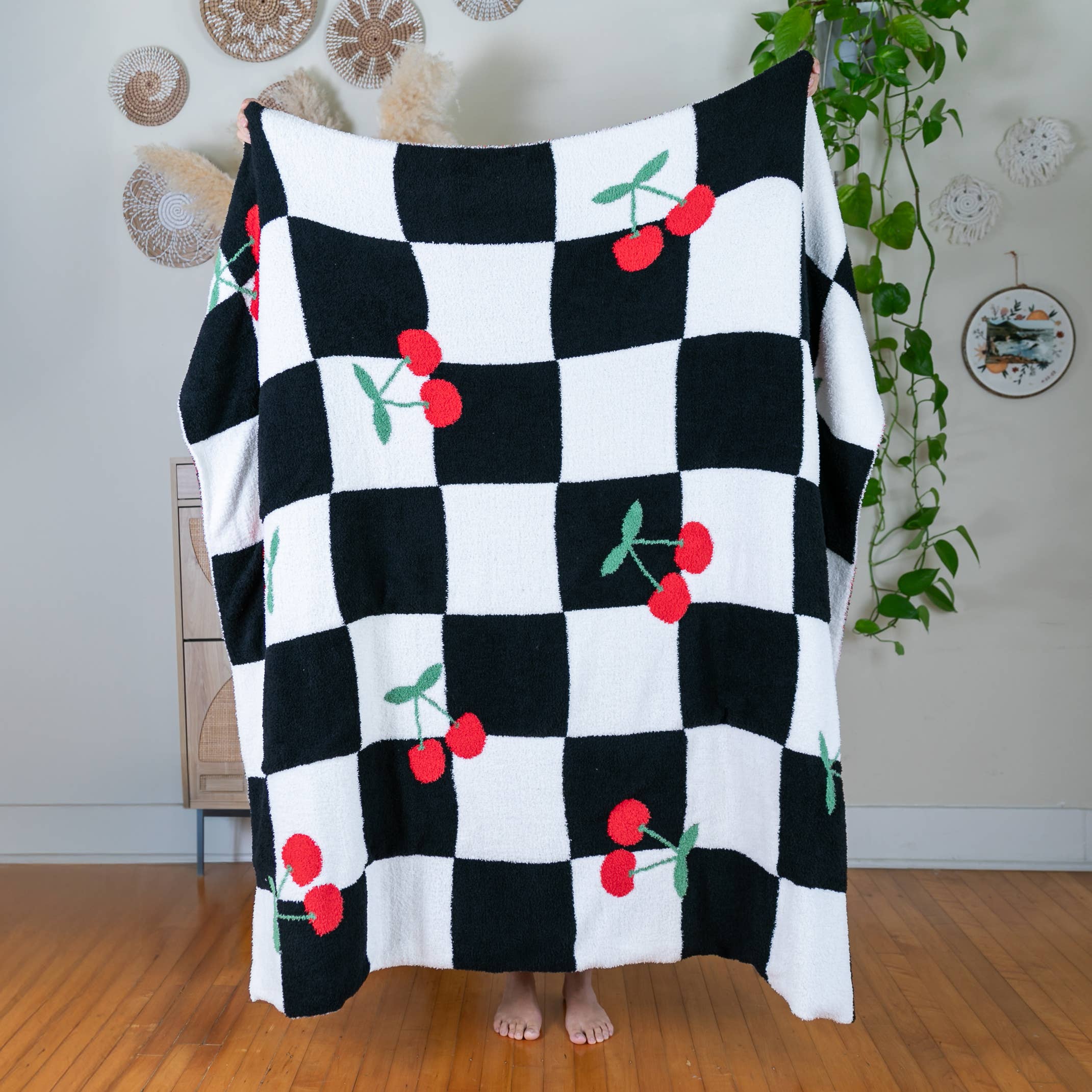 Living Royal Throw Blanket - Checkered w/ Red Cherries