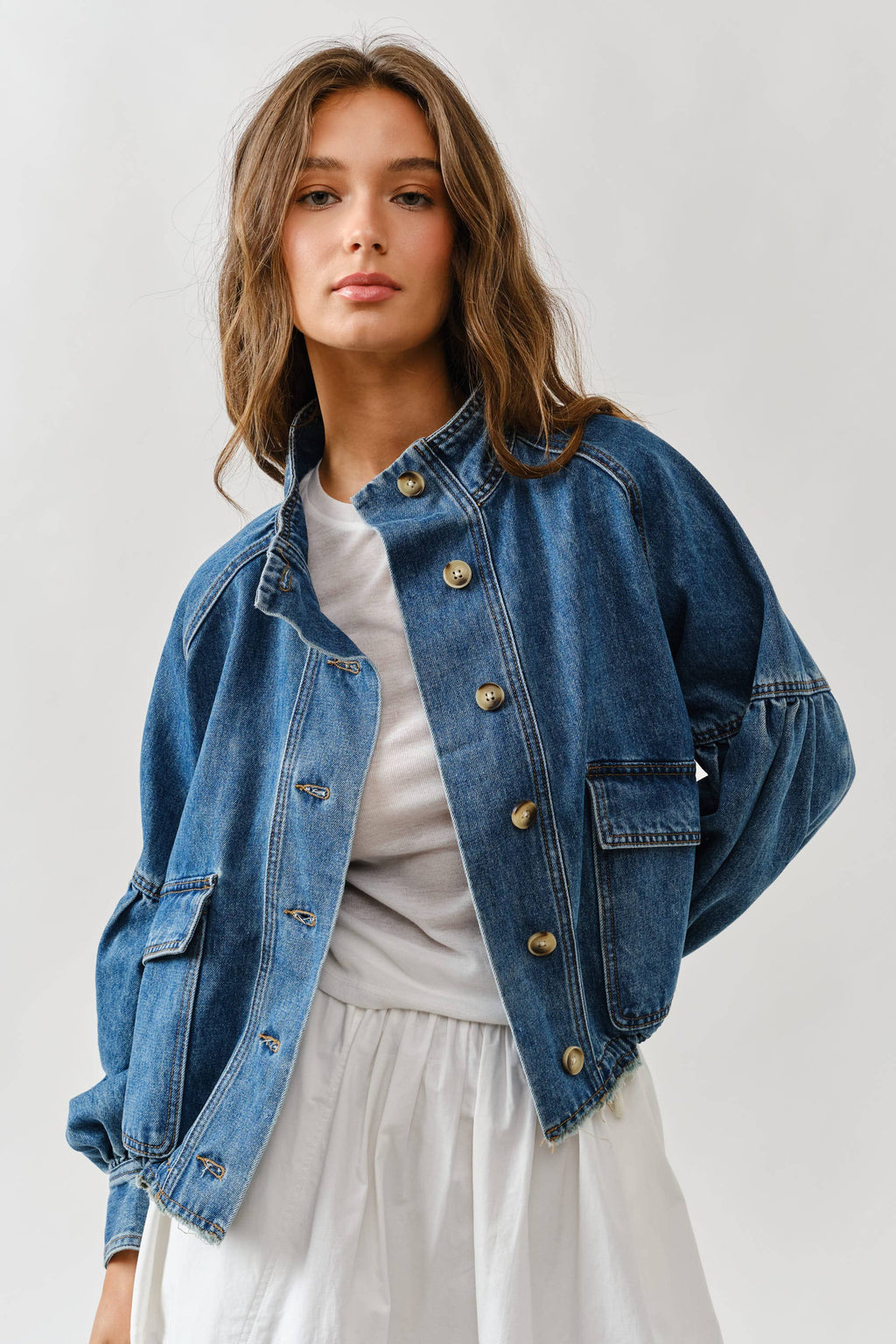 Women's Balloon Sleeve Twill Denim Jacket