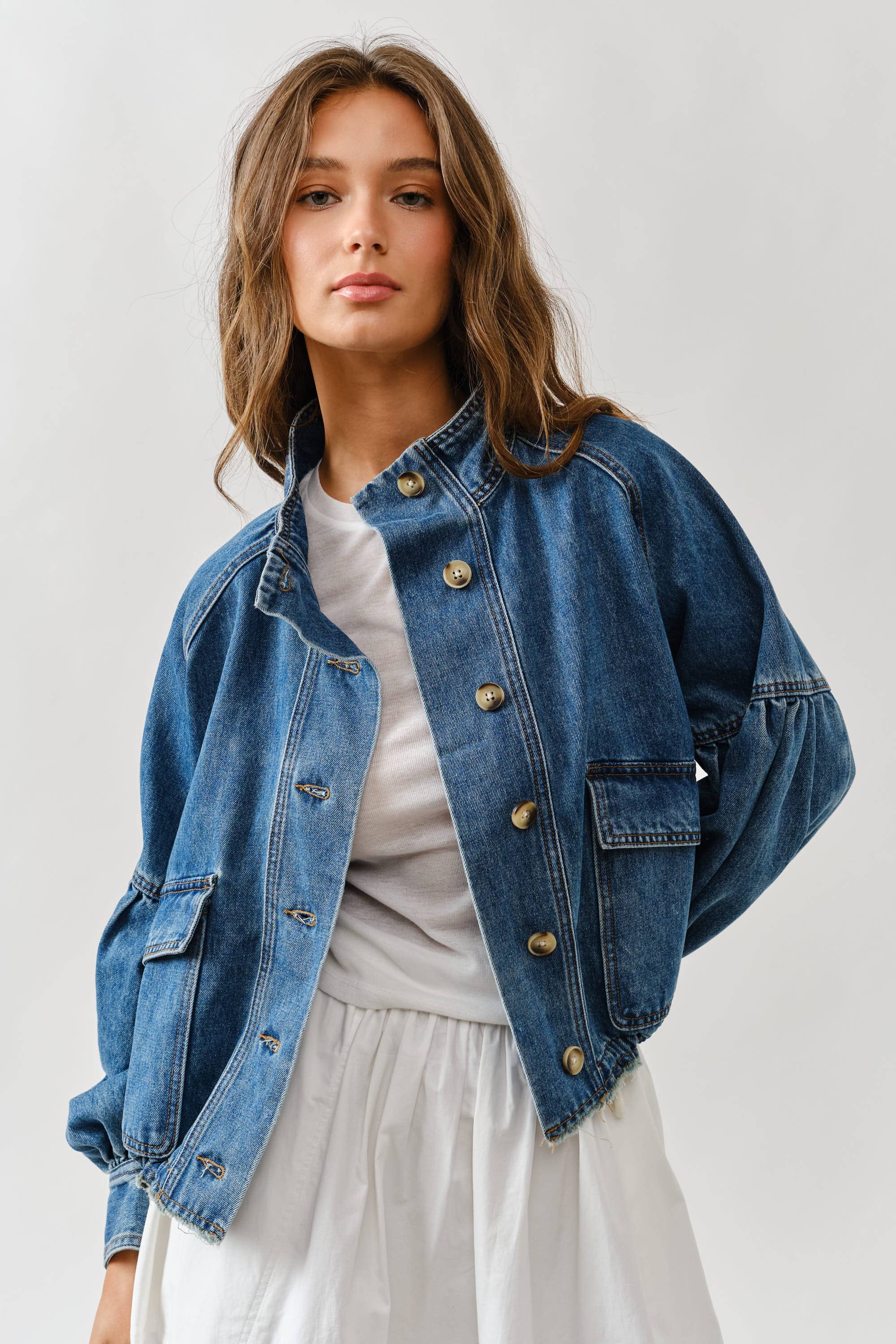 Women's Balloon Sleeve Twill Denim Jacket