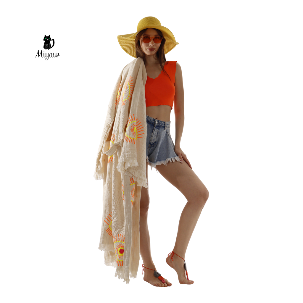 Handmade Organic Cotton Kimono Robe – Beige Evil Eye