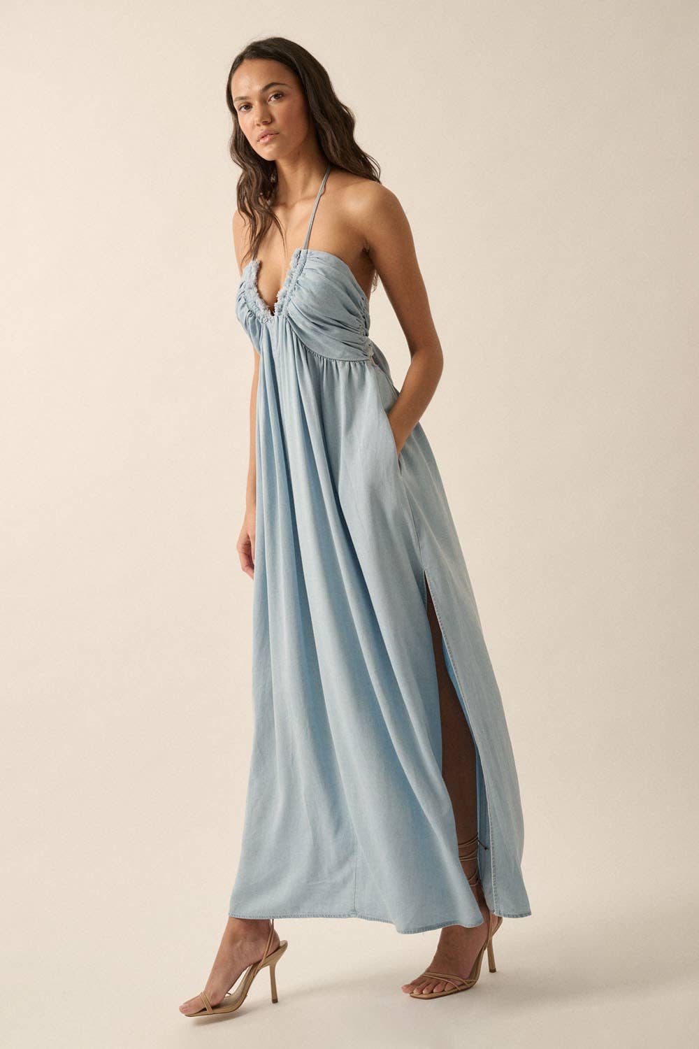 Women's Plunging Halter-Neck Solid Denim Maxi Dress