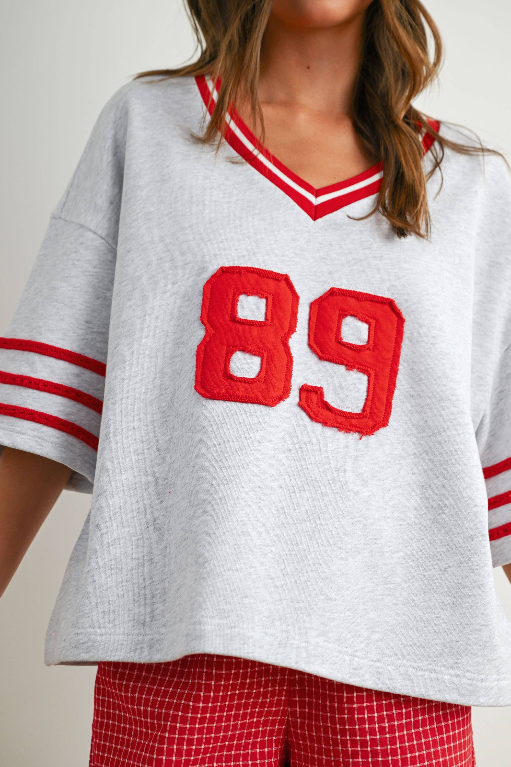 Women's Varsity Spirit Oversized Top - Grey/Red