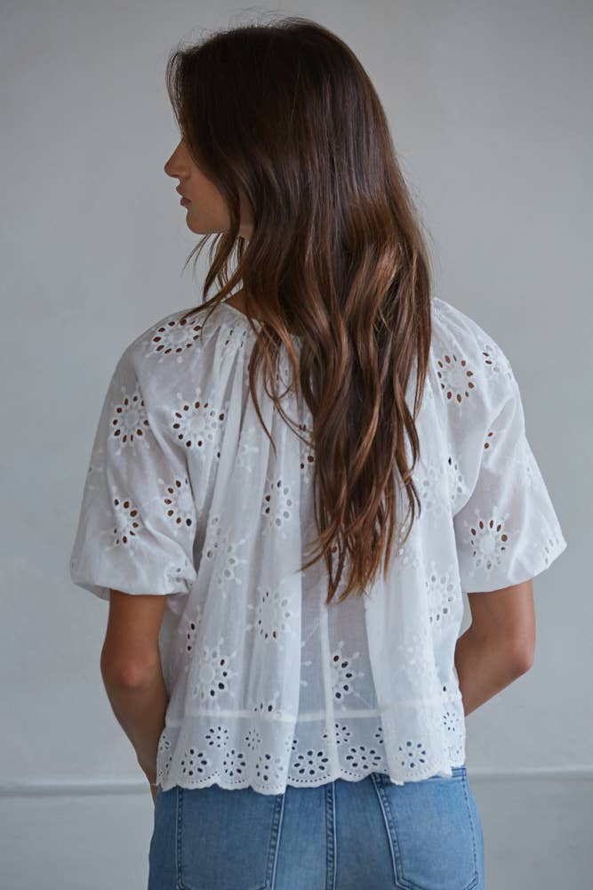 Women's Woven Cotton Eyelet Round Neck Short Sleeve Top - White