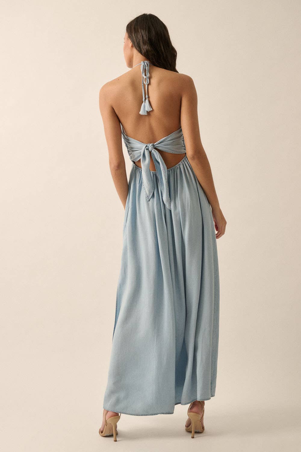 Women's Plunging Halter-Neck Solid Denim Maxi Dress