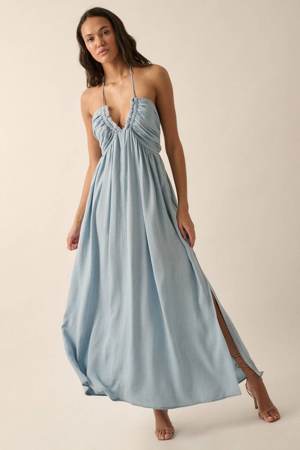 Women's Plunging Halter-Neck Solid Denim Maxi Dress
