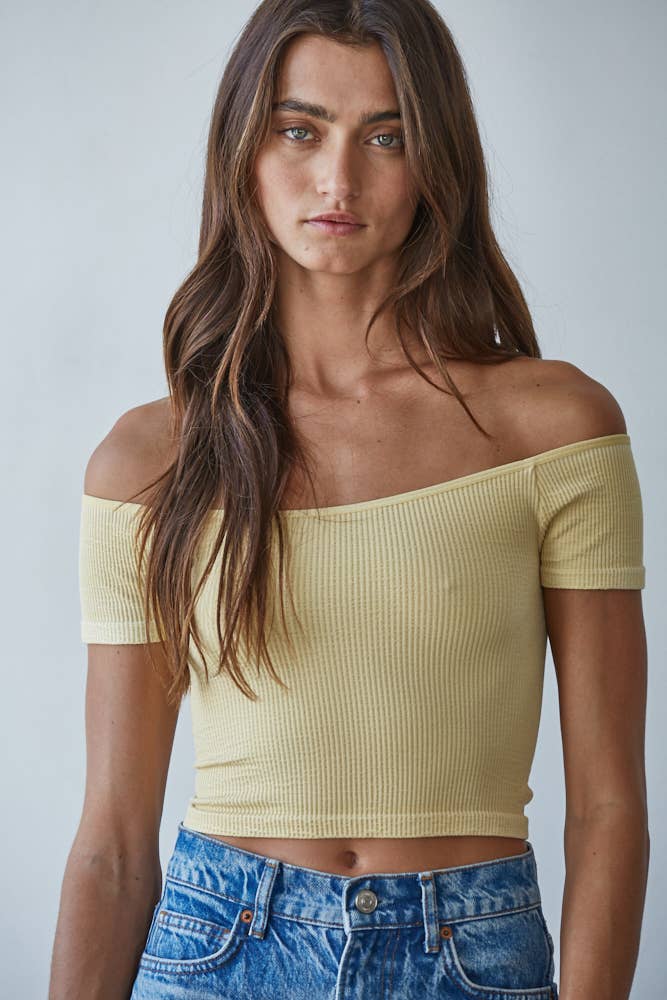Women's Knit Seamless Ribbed Off Shoulder Crop Top - Butter Yellow