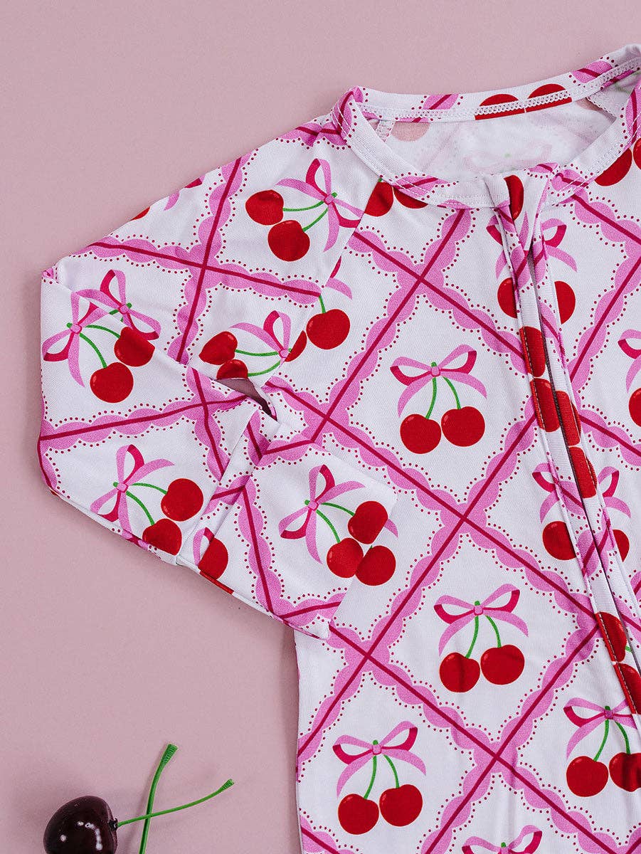 Lucky Panda Kids Bamboo Zip Romper - Cherry Bow
